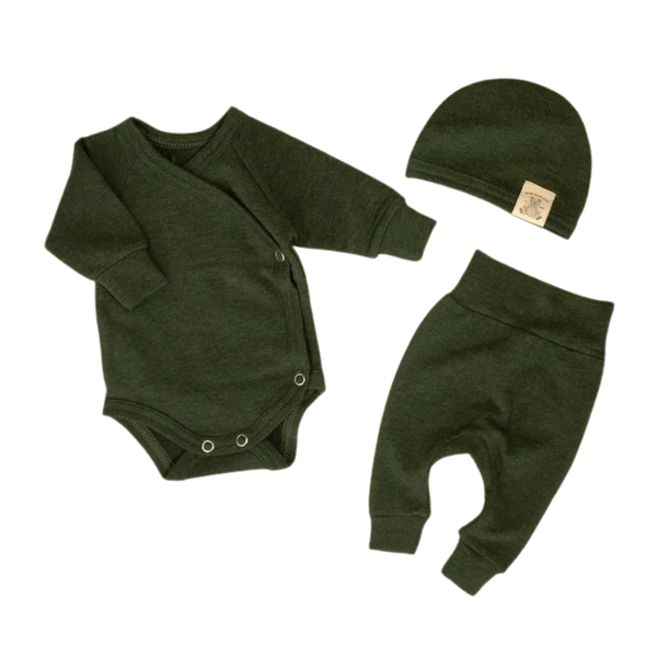 Bamboo Layette Bodysuit, Pants and Hugger Hat - Moss - Fawn & Doe Baby Co.