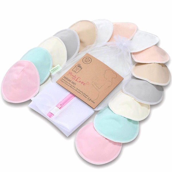 assortment of different colored nursing pads assembled around wash bag