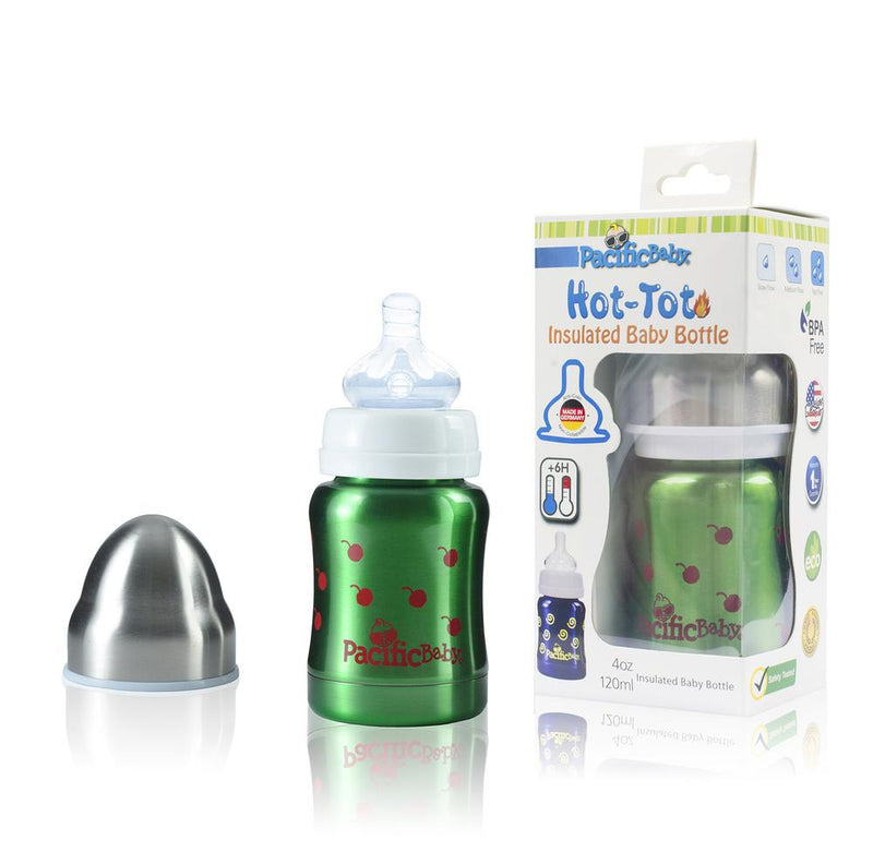 Hot Tot Insulated Baby Bottle Cherries 4oz displayed with the nipple cover beside the bottle as well as the boxed product